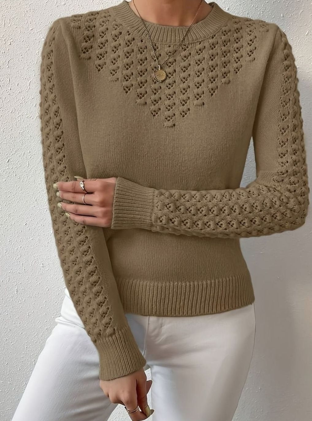 Mia | Women's Pointelle Knit Crewneck Long-Sleeve Jumper for Winter
