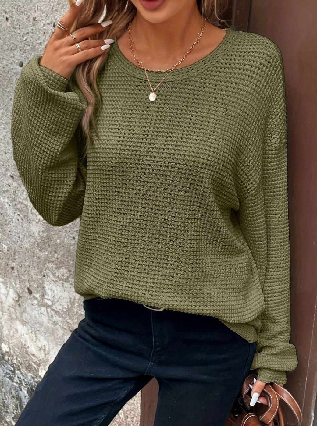 Eleanor | Women's Cosy Relaxed-Fit Drop-Shoulder Waffle-Knit Round-Neck Jumper for Winter