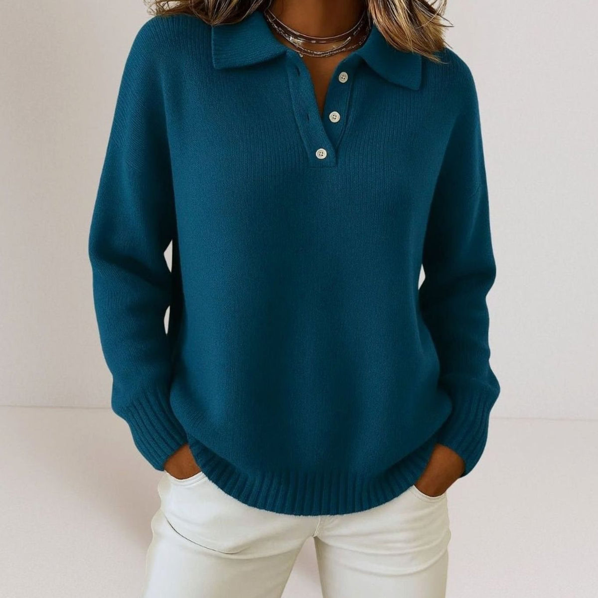 Wendy | Women's Relaxed-Fit Polo Collar Button-Placket Knit Jumper