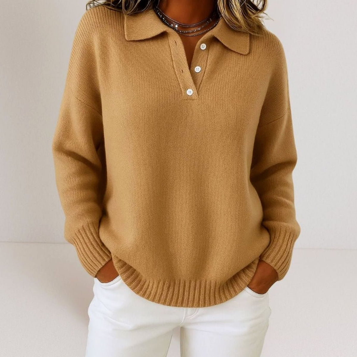 Wendy | Women's Relaxed-Fit Polo Collar Button-Placket Knit Jumper