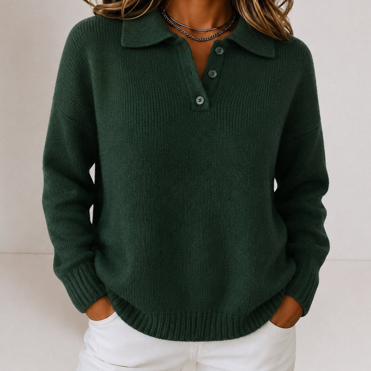 Wendy | Women's Relaxed-Fit Polo Collar Button-Placket Knit Jumper