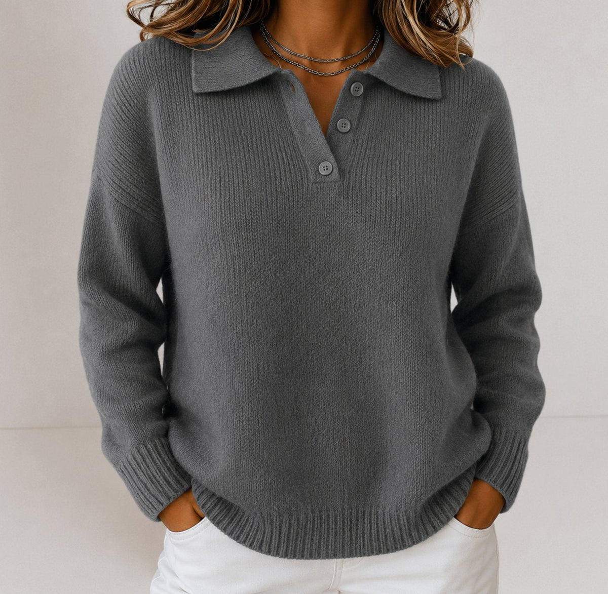 Wendy | Women's Relaxed-Fit Polo Collar Button-Placket Knit Jumper