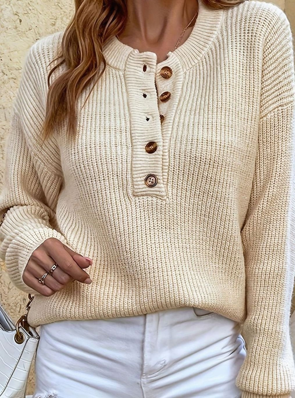 Wendy | Women's Ribbed Knit Henley Jumper with Button Neck