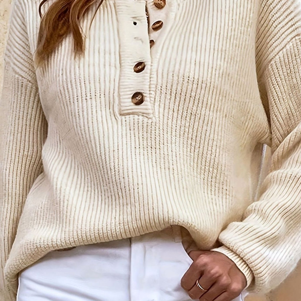 Wendy | Women's Ribbed Knit Henley Jumper with Button Neck