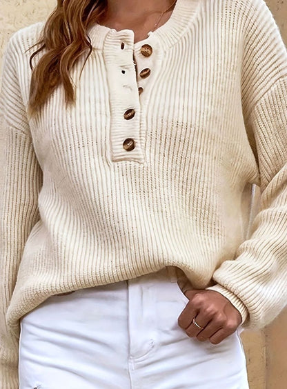Wendy | Women's Ribbed Knit Henley Jumper with Button Neck