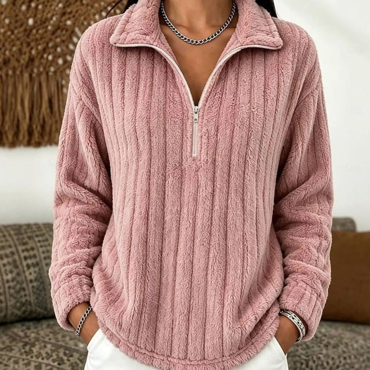 Violet | Women's Cosy Ribbed Plush-Fleece Quarter-Zip Pullover Jumper for Winter