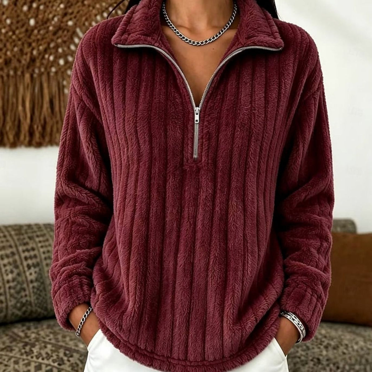 Violet | Women's Cosy Ribbed Plush-Fleece Quarter-Zip Pullover Jumper for Winter
