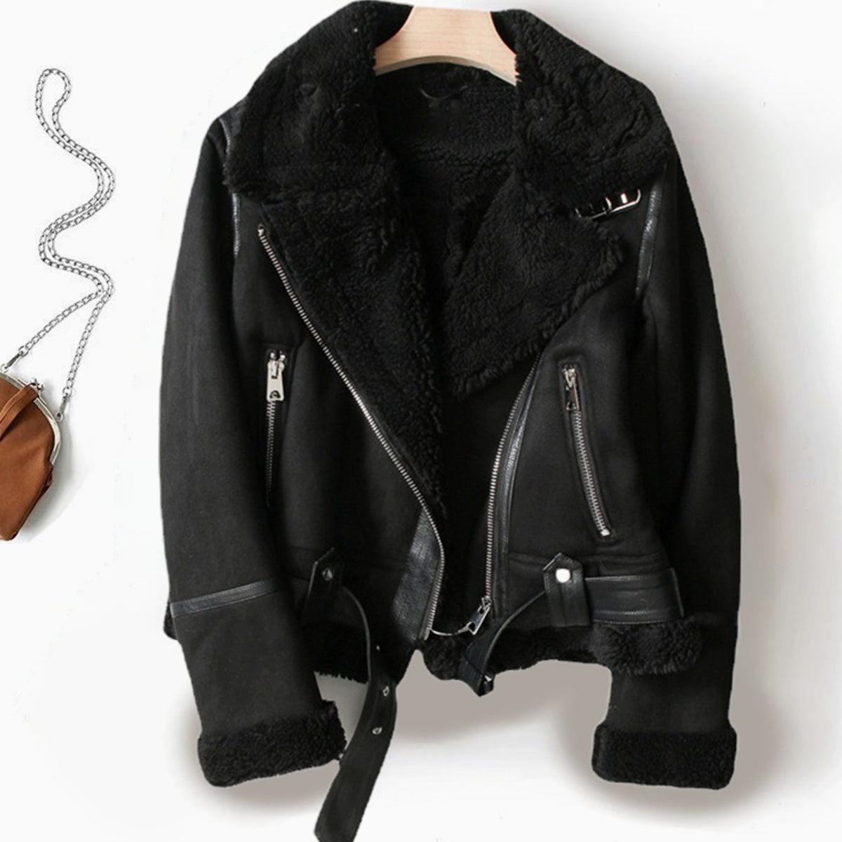 Fiona | Women's Shearling-Lined Cropped Moto Jacket with Belted Waist