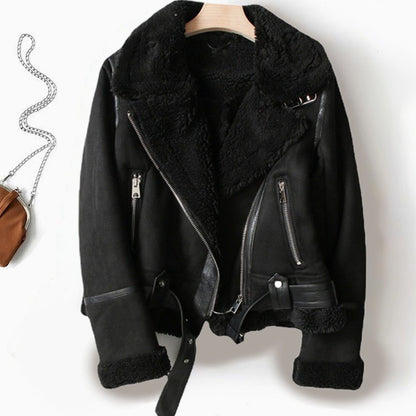 Fiona | Women's Shearling-Lined Cropped Moto Jacket with Belted Waist