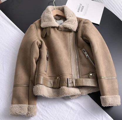 Fiona | Women's Shearling-Lined Cropped Moto Jacket with Belted Waist