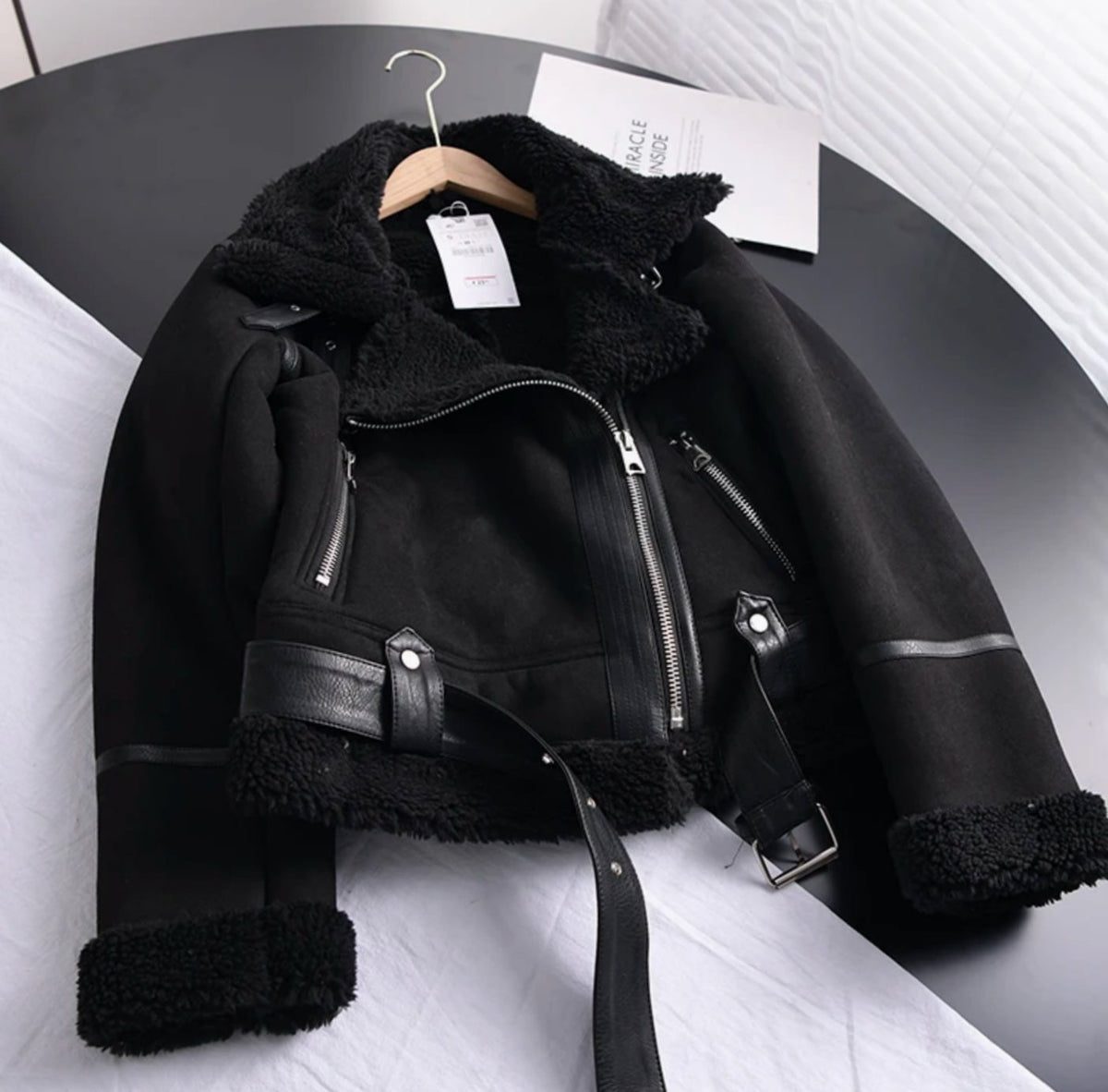 Fiona | Women's Shearling-Lined Cropped Moto Jacket with Belted Waist