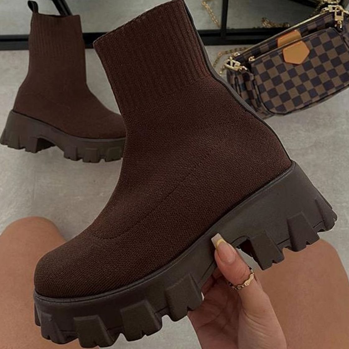 Freya | Women's Knit Sock Boots with Chunky Slip-On Heel and Lug Sole