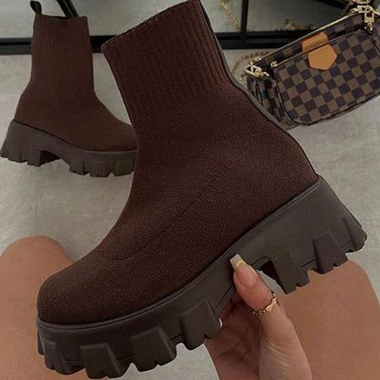 Freya | Women's Knit Sock Boots with Chunky Slip-On Heel and Lug Sole