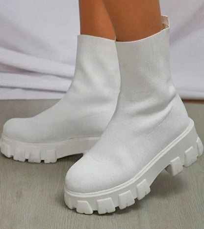 Freya | Women's Knit Sock Boots with Chunky Slip-On Heel and Lug Sole