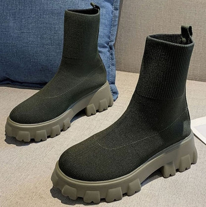 Freya | Women's Knit Sock Boots with Chunky Slip-On Heel and Lug Sole
