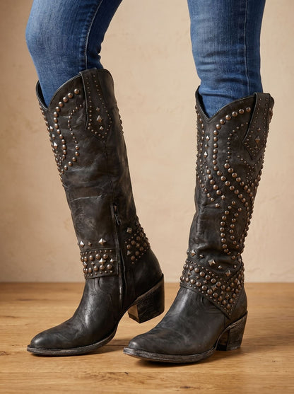 Alice | Women's Studded Knee-High Pointed-Toe Orthopedic Western Cowboy Boots