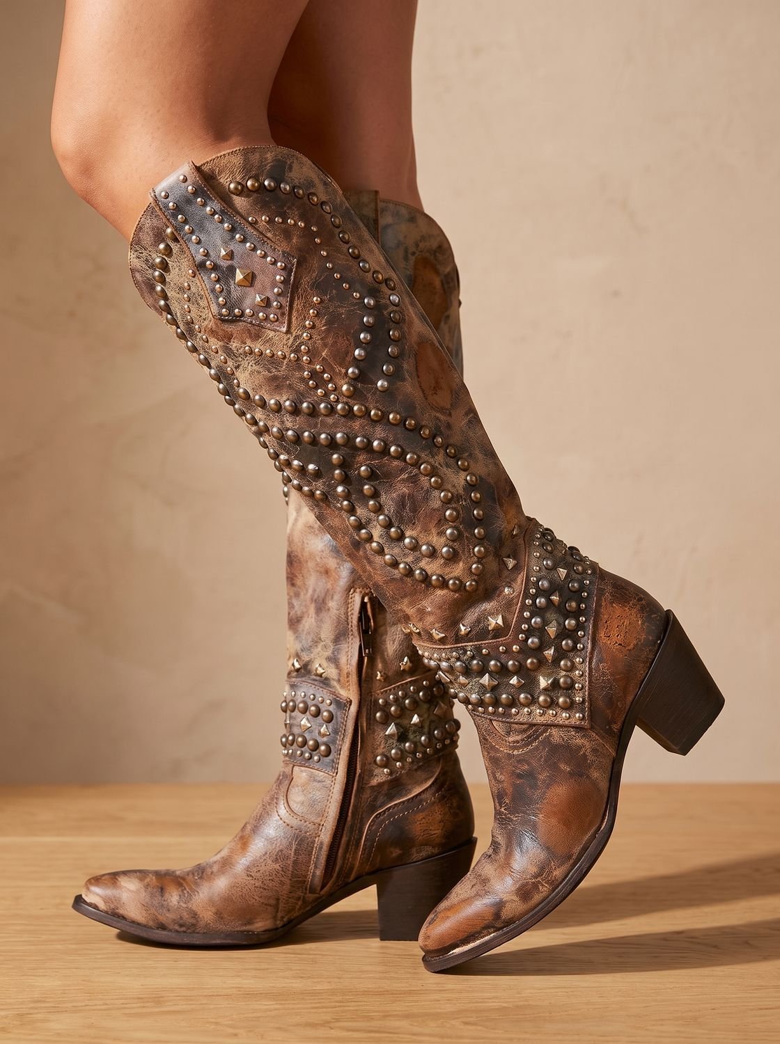 Alice | Women's Studded Knee-High Pointed-Toe Orthopedic Western Cowboy Boots