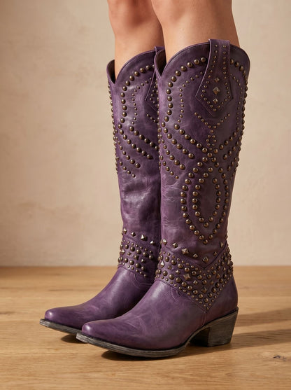 Alice | Women's Studded Knee-High Pointed-Toe Orthopedic Western Cowboy Boots