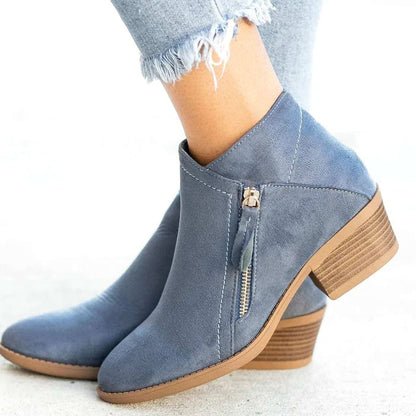 Esme | Women's Suede Pointed-Toe Low-Heel Boots with Side Zipper