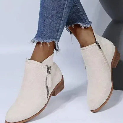 Esme | Women's Suede Pointed-Toe Low-Heel Boots with Side Zipper
