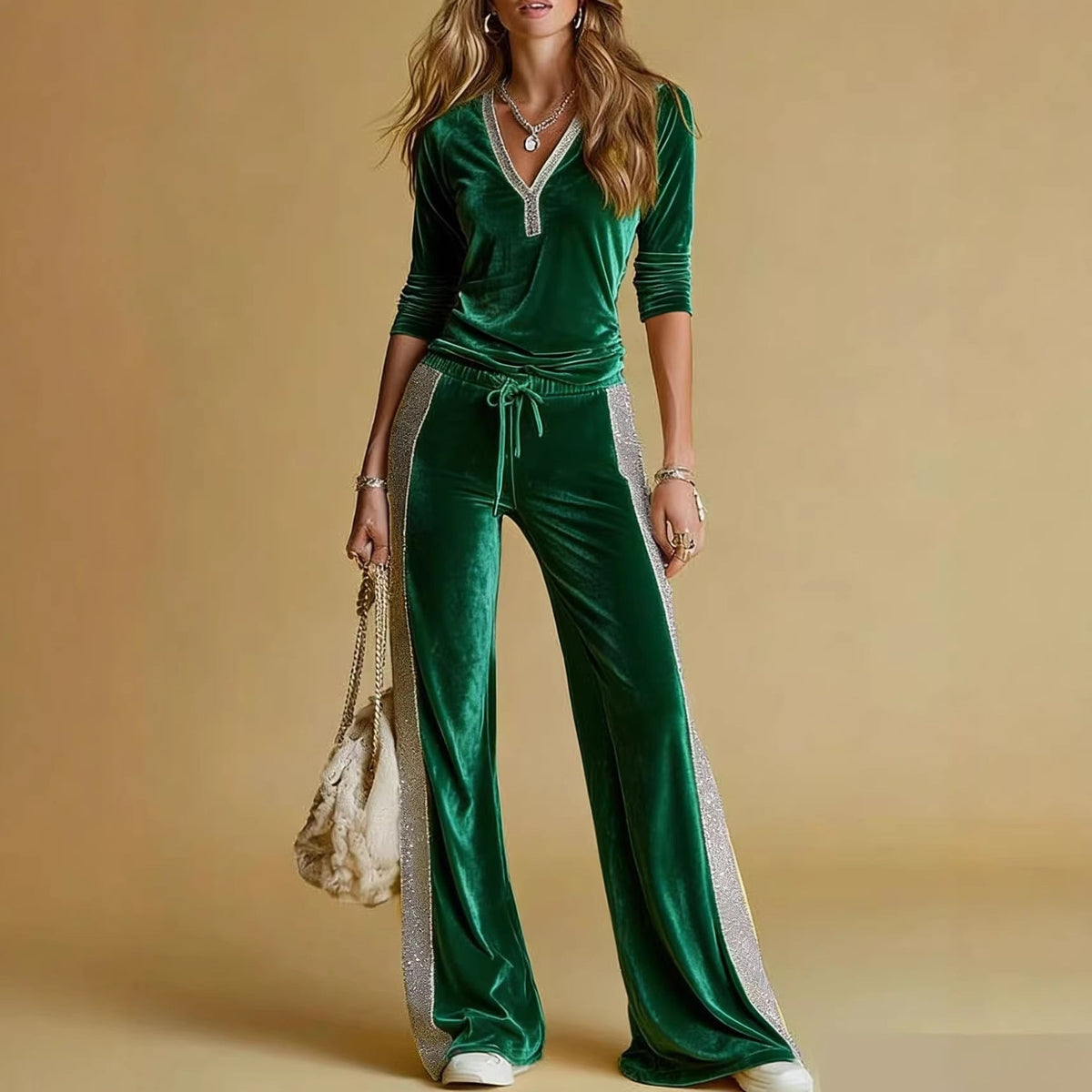 Orla | Women's Luxe Velvet Tracksuit with V-Neck and Sparkling Side Stripes
