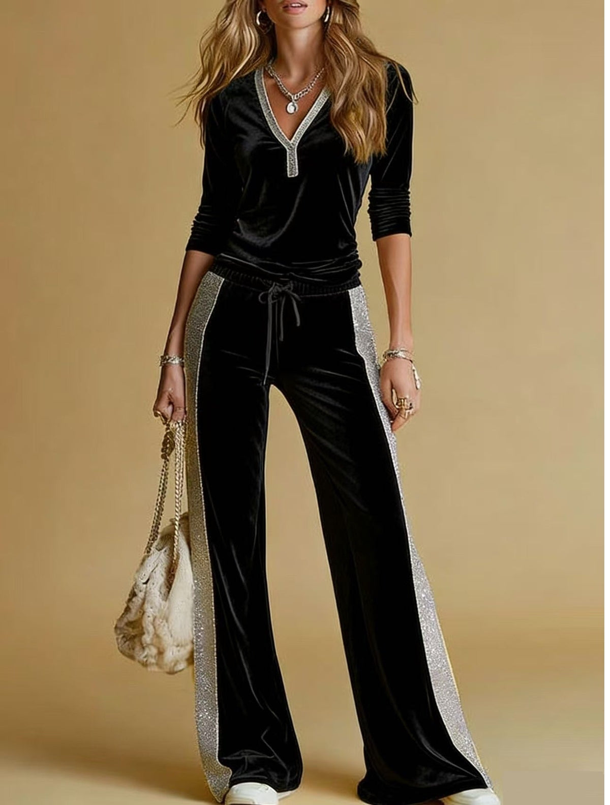 Orla | Women's Luxe Velvet Tracksuit with V-Neck and Sparkling Side Stripes