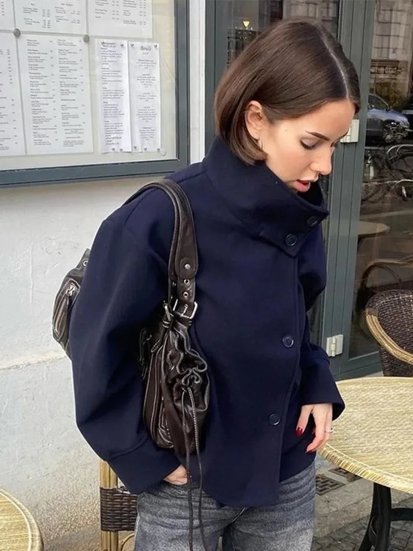 Elegant Wool Jacket with High Stand Collar
